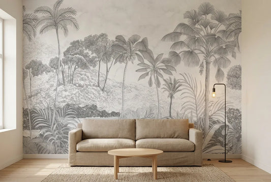 Papel tapiz Mauritius Light instalado en una sala de estar minimalista