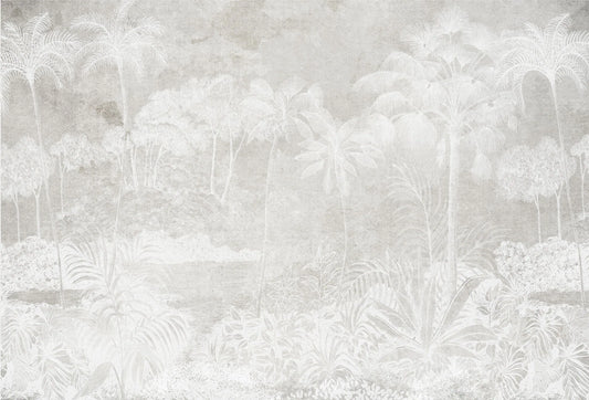 Papel tapiz con paisaje tropical de palmeras en trazo blanco sobre fondo gris claro texturizado.