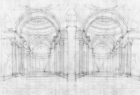 Papel tapiz con boceto arquitectónico clásico de arcos de medio punto y columnas en tonos gris y blanco