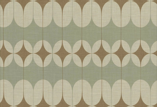 Papel tapiz con patrón geométrico mid-century en tonos verde menta, beige y marrón con sutil textura de lino.