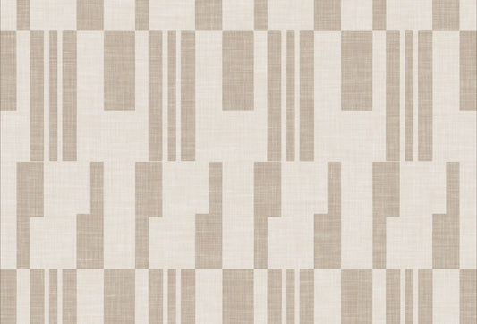 Papel tapiz con patrón geométrico modular de líneas y bloques en tonos beige y lino