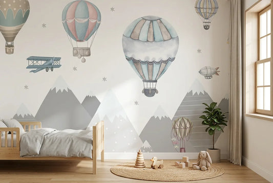 Papel tapiz Montañas Soñadas instalado en una habitación infantil