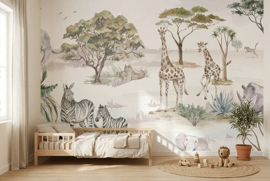 Papel tapiz Monte Safari instalado en una habitación infantil
