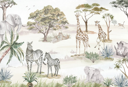 Papel tapiz mural safari infantil en acuarela con elefantes, jirafas y cebras en tonos neutros y verdes