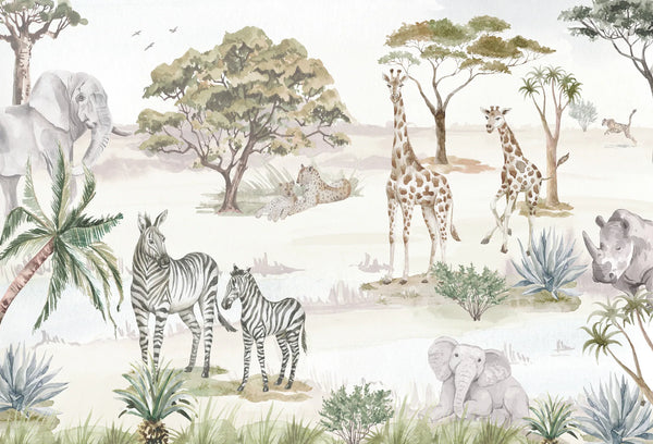 Papel tapiz mural safari infantil en acuarela con elefantes, jirafas y cebras en tonos neutros y verdes