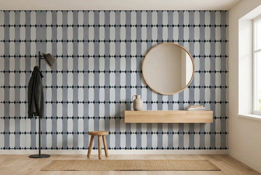 Papel tapiz Mosaico Azul instalado en un recibidor de estilo nórdico