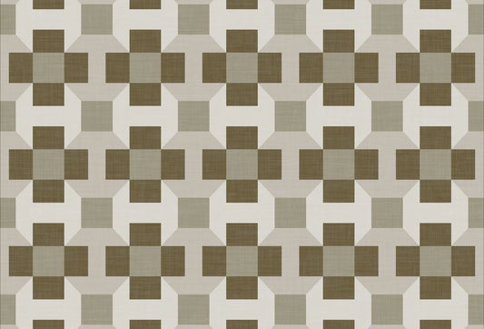 Papel tapiz con patrón geométrico modular de cruces en tonos sepia, arena y beige