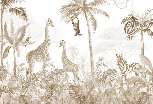 Papel tapiz mural infantil con jirafas, cebra y palmeras en suaves tonos beige y sepia estilo safari.