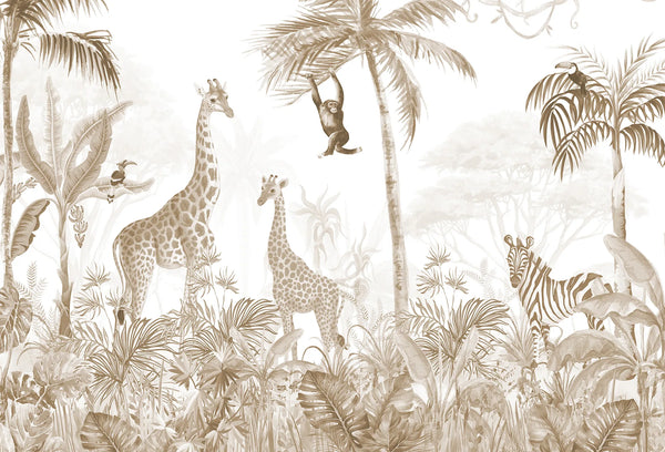 Papel tapiz mural infantil con jirafas, cebra y palmeras en suaves tonos beige y sepia estilo safari.