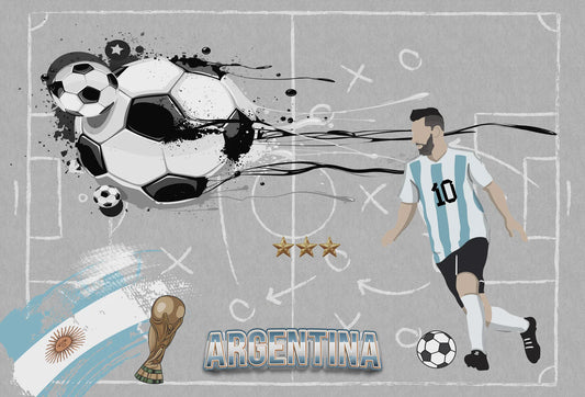 Papel tapiz mural deportivo con jugador albiceleste, trofeo, balones de fútbol y pizarra táctica gris