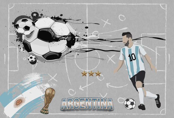 Papel tapiz mural deportivo con jugador albiceleste, trofeo, balones de fútbol y pizarra táctica gris