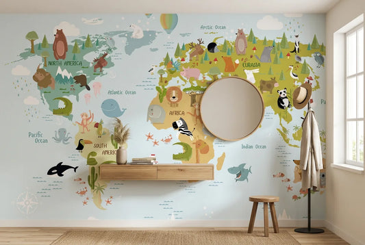 Papel tapiz Mundo Animal instalado en un recibidor de estilo nórdico