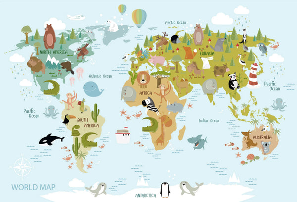 Papel tapiz con mapa mundi ilustrado y animales del mundo sobre fondo celeste para cuarto infantil.