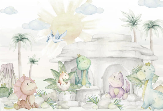 Papel tapiz mural infantil con tiernos dinosaurios bebé en acuarela y tonos pastel sobre fondo claro