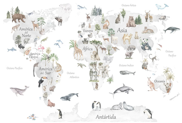 Papel tapiz con mapa mundi ilustrado en acuarela con animales del mundo en tonos suaves para pared.