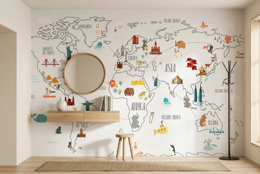 Papel tapiz Mundo Ilustrado instalado en un recibidor de estilo nórdico