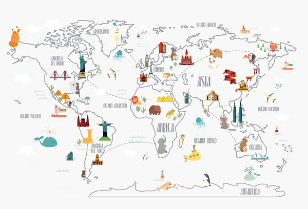 Papel tapiz mural infantil con mapamundi ilustrado, monumentos icónicos del mundo y tiernos animales sobre fondo blanco.