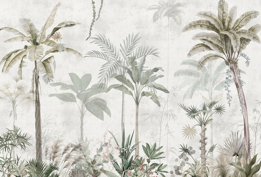 Papel tapiz mural con diseño botánico de palmeras y plantas tropicales en tonos verde salvia y beige vintage.