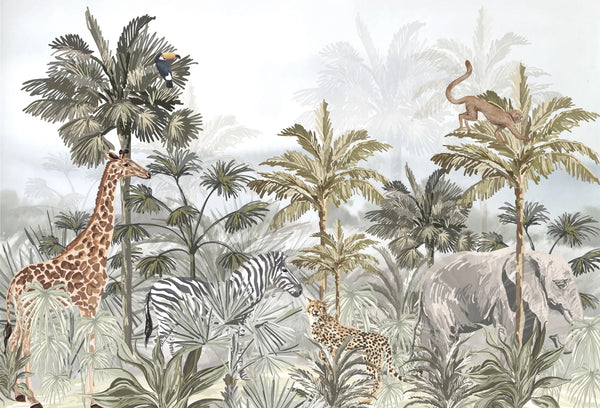 Papel tapiz infantil Nakura con elefante, jirafa, cebra y palmeras en tonos verdes y tierra