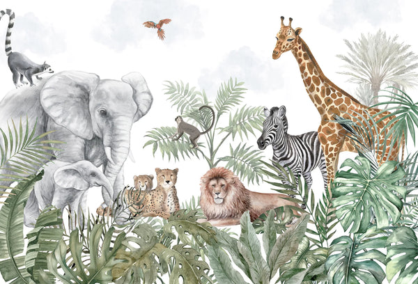 Papel tapiz infantil con animales safari en acuarela como jirafa, elefante y león entre hojas verdes