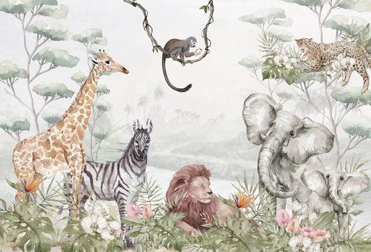 Papel tapiz mural safari infantil en acuarela con jirafa, cebra, león y elefantes entre follaje