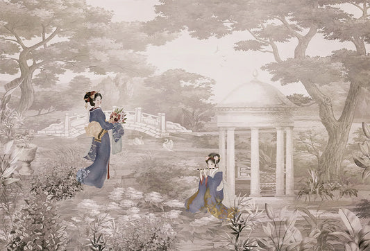 Papel tapiz mural estilo oriental con jardín japonés, geishas y pabellón en tonos sepia y gris