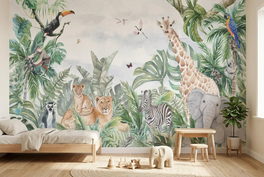 Papel tapiz Narnia Safari instalado en una habitación infantil