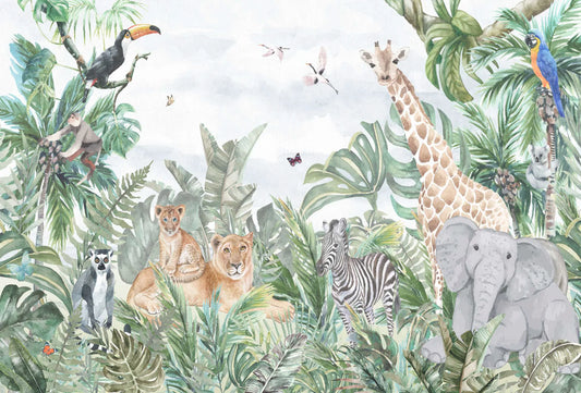 Papel tapiz mural infantil con animales de la selva en acuarela como jirafa, leona y elefante