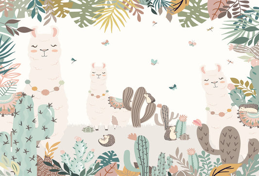 Papel tapiz infantil con tiernas alpacas, erizos y cactus en tonos verde salvia y rosa pastel para cuarto de bebé.