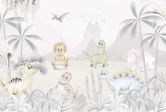 Papel tapiz mural infantil con tiernos dinosaurios bebés en acuarela y paisaje jurásico gris