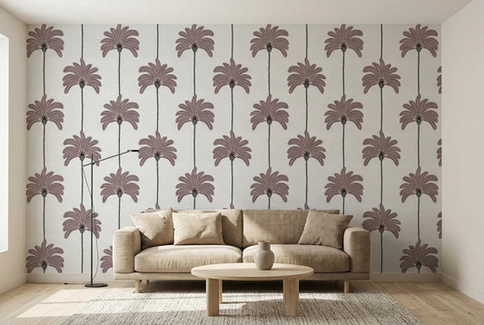 Papel tapiz Oasis Malva instalado en una sala de estar minimalista