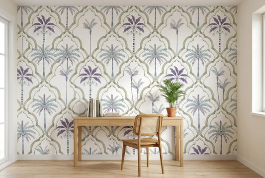 Papel tapiz Oasis Morisco instalado en un espacio de trabajo en casa