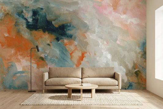 Papel tapiz Óleo Abstracto instalado en una sala de estar minimalista