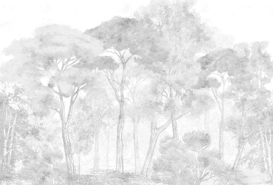 Papel tapiz Ontario Light con paisaje de árboles y bosque en tonos grises claros y blanco