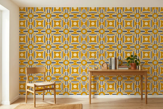 Papel tapiz Órbita Retro Empapelados y Patrones instalado en un espacio de trabajo en casa