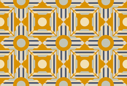Papel tapiz geométrico estilo retro con círculos y marcos en tonos mostaza, azul y crema