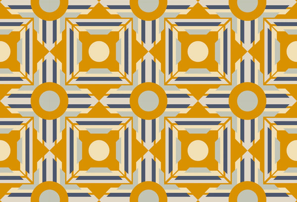 Papel tapiz geométrico estilo retro con círculos y marcos en tonos mostaza, azul y crema