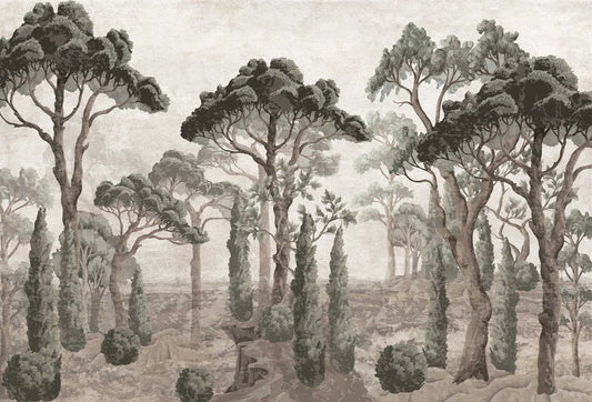 Papel tapiz mural con paisaje de pinos y cipreses en tonos verde salvia, beige y sepia de estilo clásico vintage.