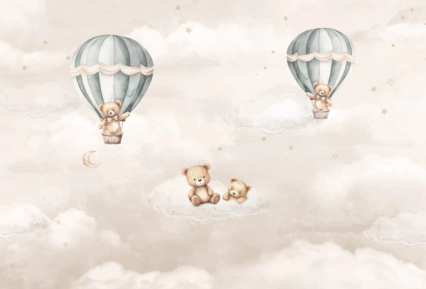 Papel tapiz mural infantil con tiernos ositos en globos aerostáticos sobre nubes en tonos beige y verde salvia.