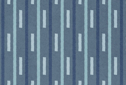Papel tapiz con patrón geométrico de líneas verticales discontinuas en tonos azul índigo y celeste