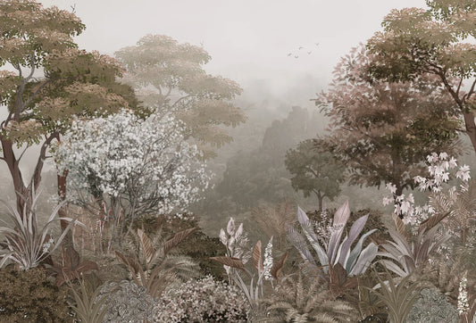 Papel tapiz mural con paisaje de bosque otoñal brumoso en tonos sepia, marrón y beige