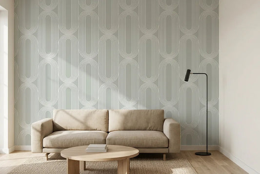 Papel tapiz Óvalos Retro instalado en una sala de estar minimalista
