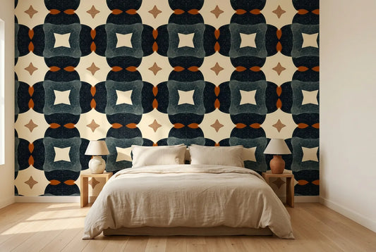Papel tapiz Óvalos Retro Empapelados y Patrones instalado en un dormitorio sereno