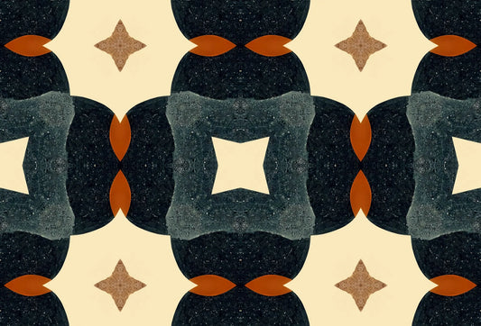 Papel tapiz con patrón geométrico retro en tonos negro, terracota y crema para pared de sala.