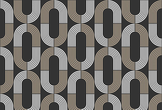 Papel tapiz con diseño geométrico retro de arcos y óvalos concéntricos en blanco, beige y negro.