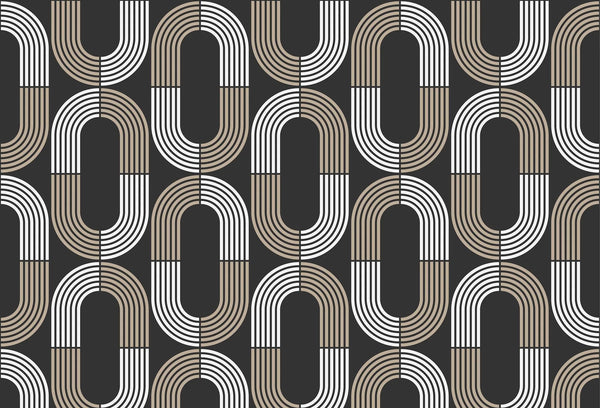 Papel tapiz con diseño geométrico retro de arcos y óvalos concéntricos en blanco, beige y negro.
