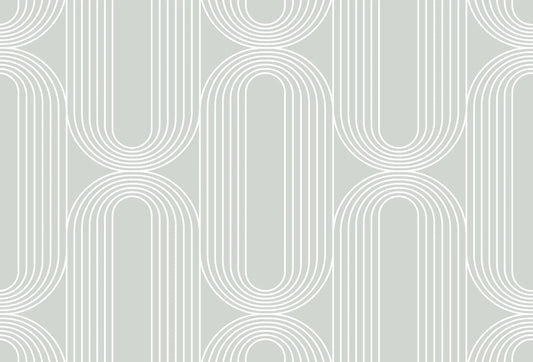 Papel tapiz con patrón geométrico retro de arcos y óvalos blancos sobre fondo verde salvia