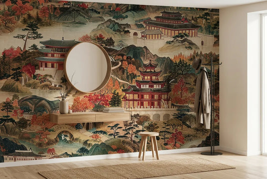 Papel tapiz Pagoda Imperial instalado en un recibidor de estilo nórdico