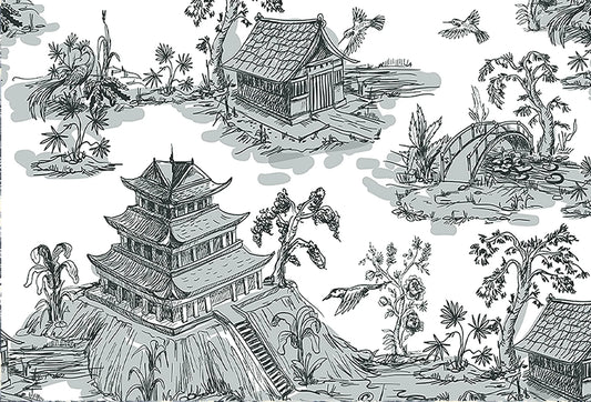 Papel tapiz estilo Toile de Jouy con pagodas orientales, puentes y aves en grabado blanco y negro.