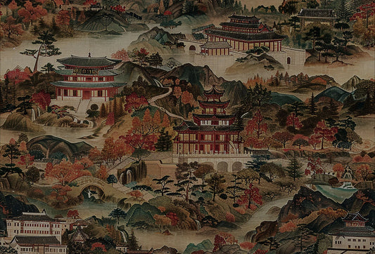 Papel tapiz con paisaje oriental de pagodas, templos, montañas y follaje en tonos terracota y verde.